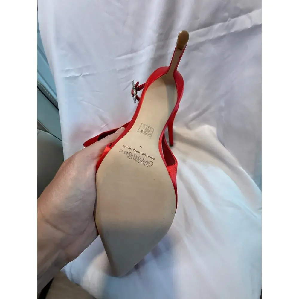 Saks Fifth Avenue Red Satin Crystal Buckle Slingback Pumps Heels Size 40